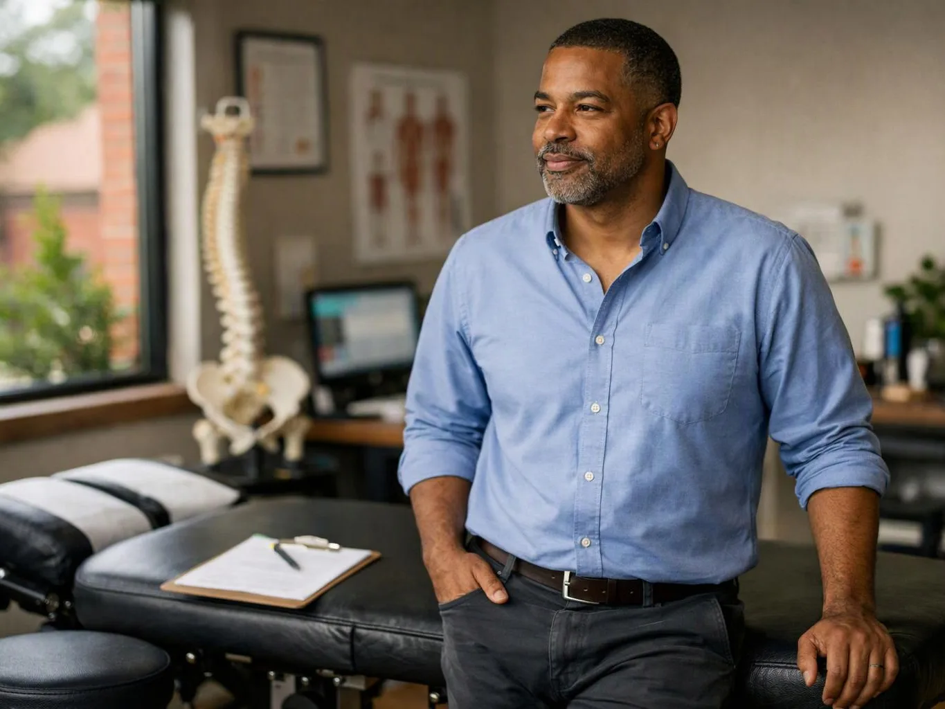 A man in a blue shirt stands beside a massage table in a clinic room with a spine model and clipboard