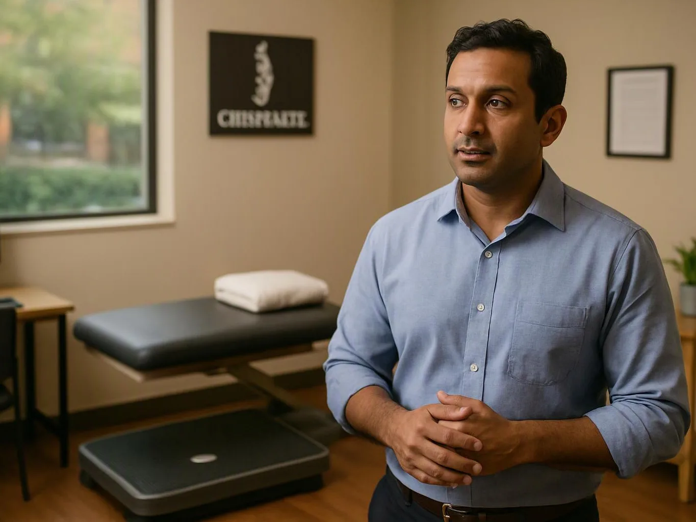 A man in a blue shirt stands in a treatment room beside a padded exam table and window