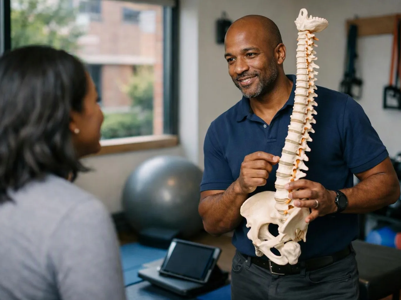 A man in a clinic shows a spine model to a seated woman in a treatment room