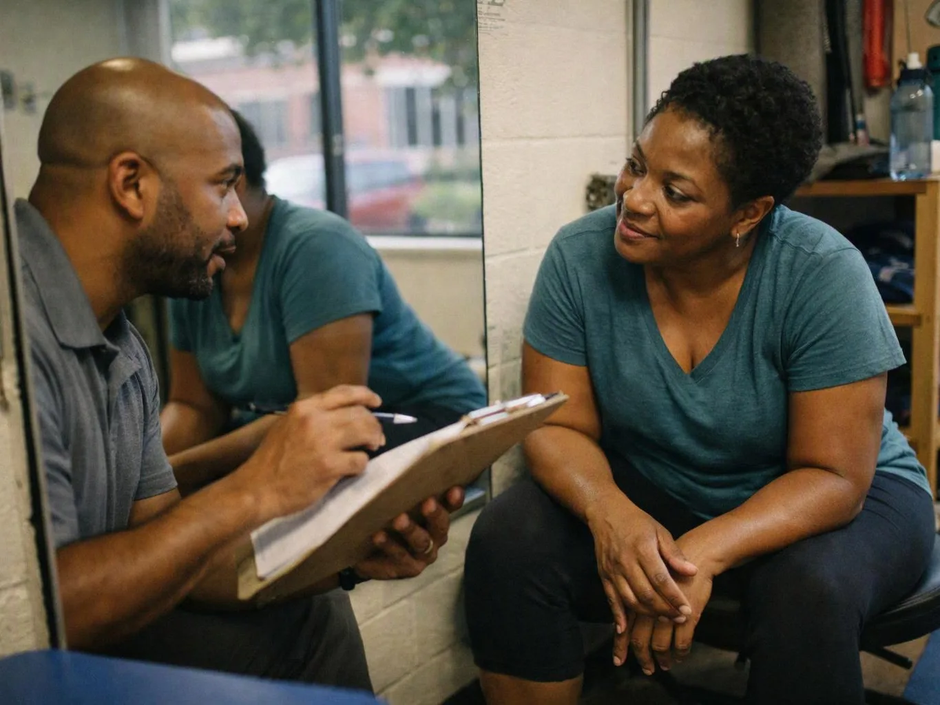 A man with a clipboard talks with a seated woman in a room with a mirror and window
