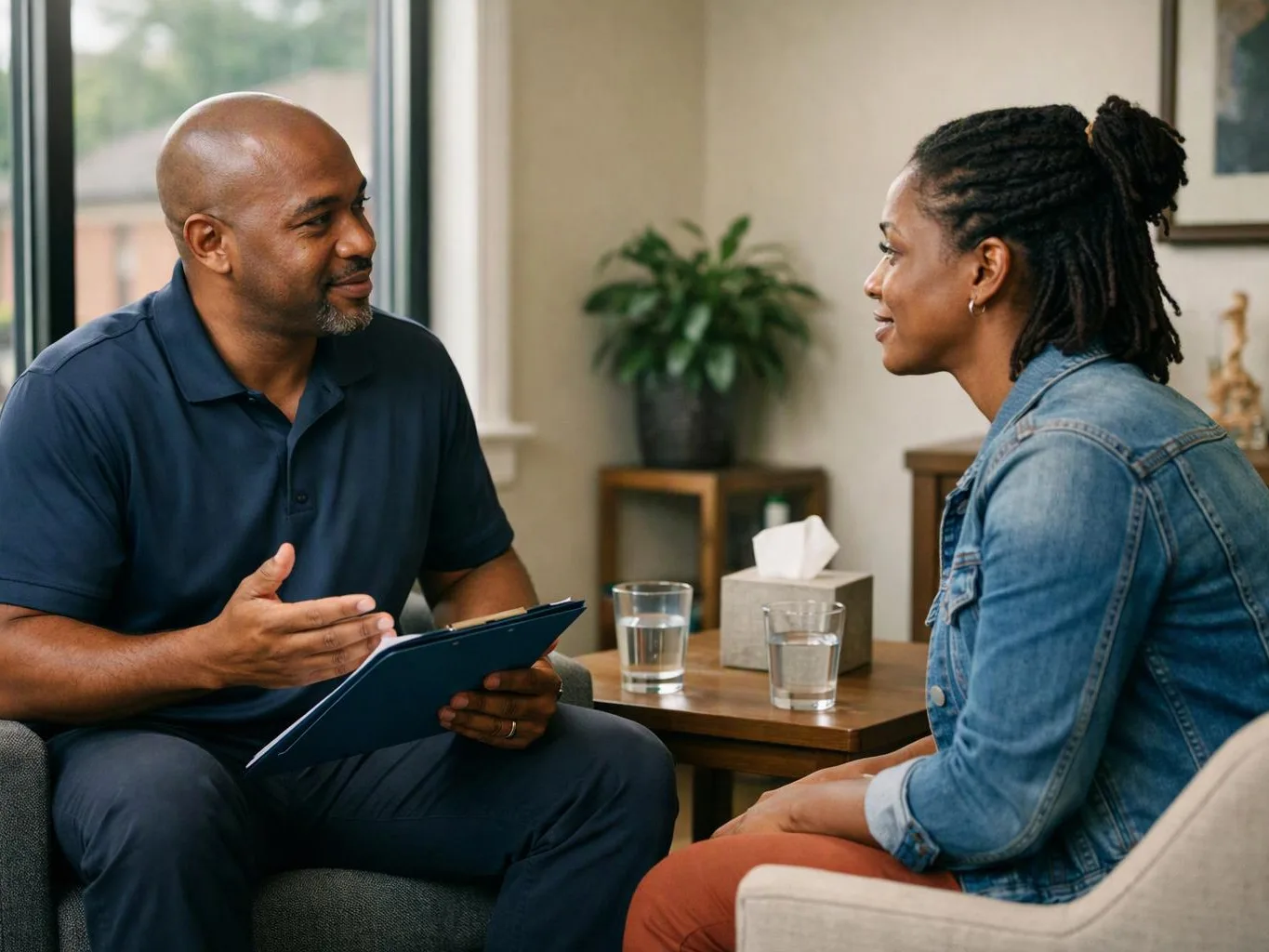 A man with a clipboard talks with a woman across a small table in a bright living room