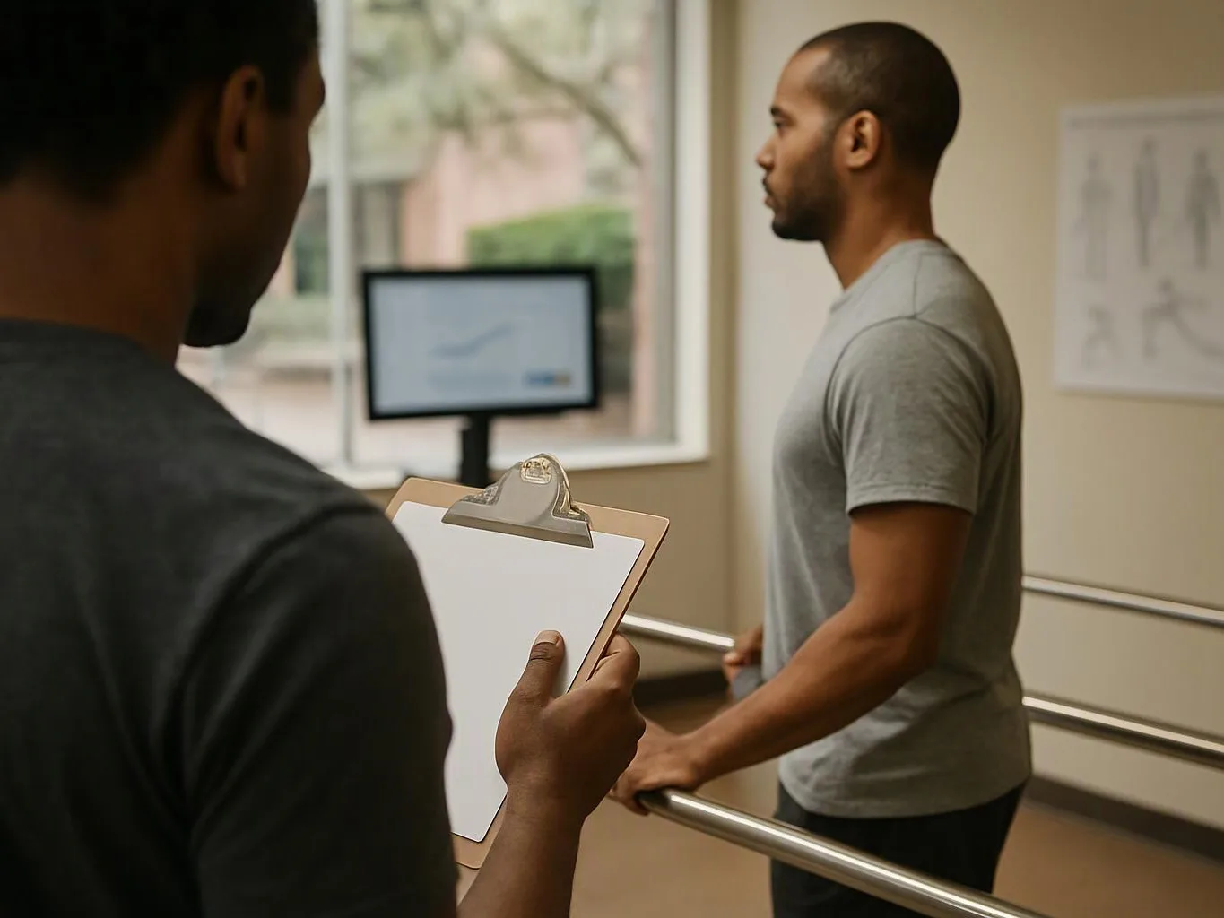 A man holds a clipboard while another stands by a ballet barre in a bright studio