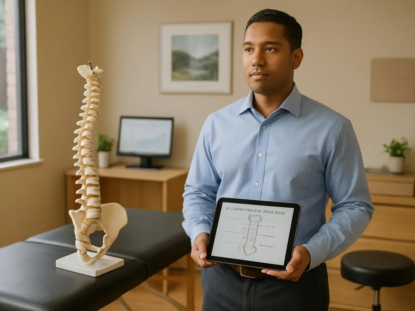 A man holds a tablet beside a spine model in a bright exam room