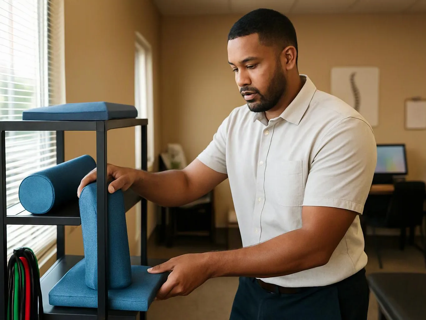 A man in a light shirt arranges blue foam cushions on a black metal shelf in a quiet room