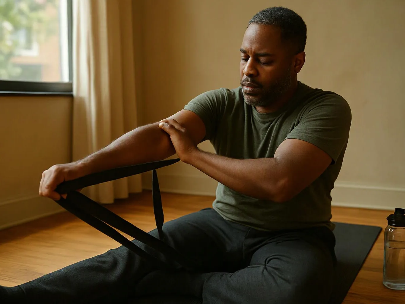 A man on a mat stretches his arm with a strap in a sunlit room