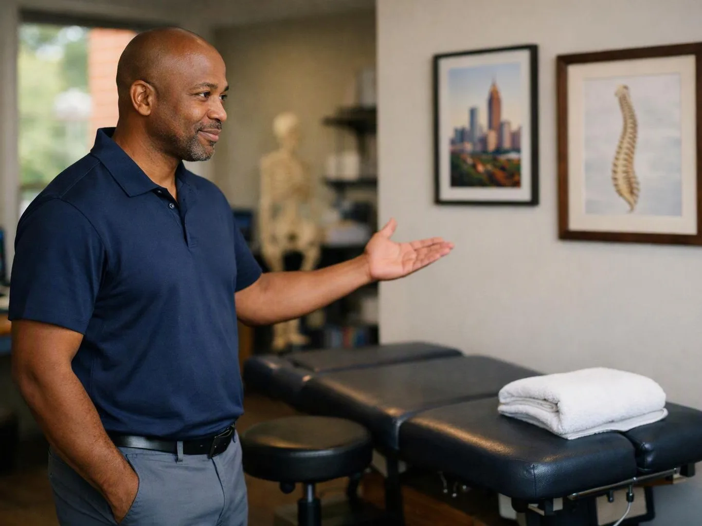 A man in a navy polo gestures toward a massage table in a clinic room