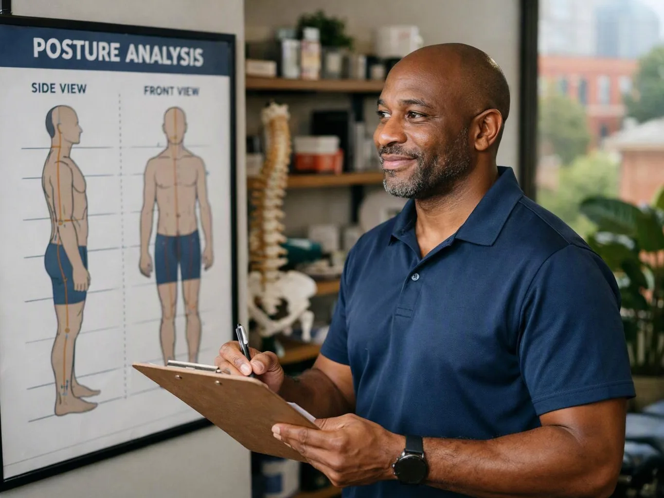 A man in a navy polo holds a clipboard beside a posture analysis chart in a clinic room