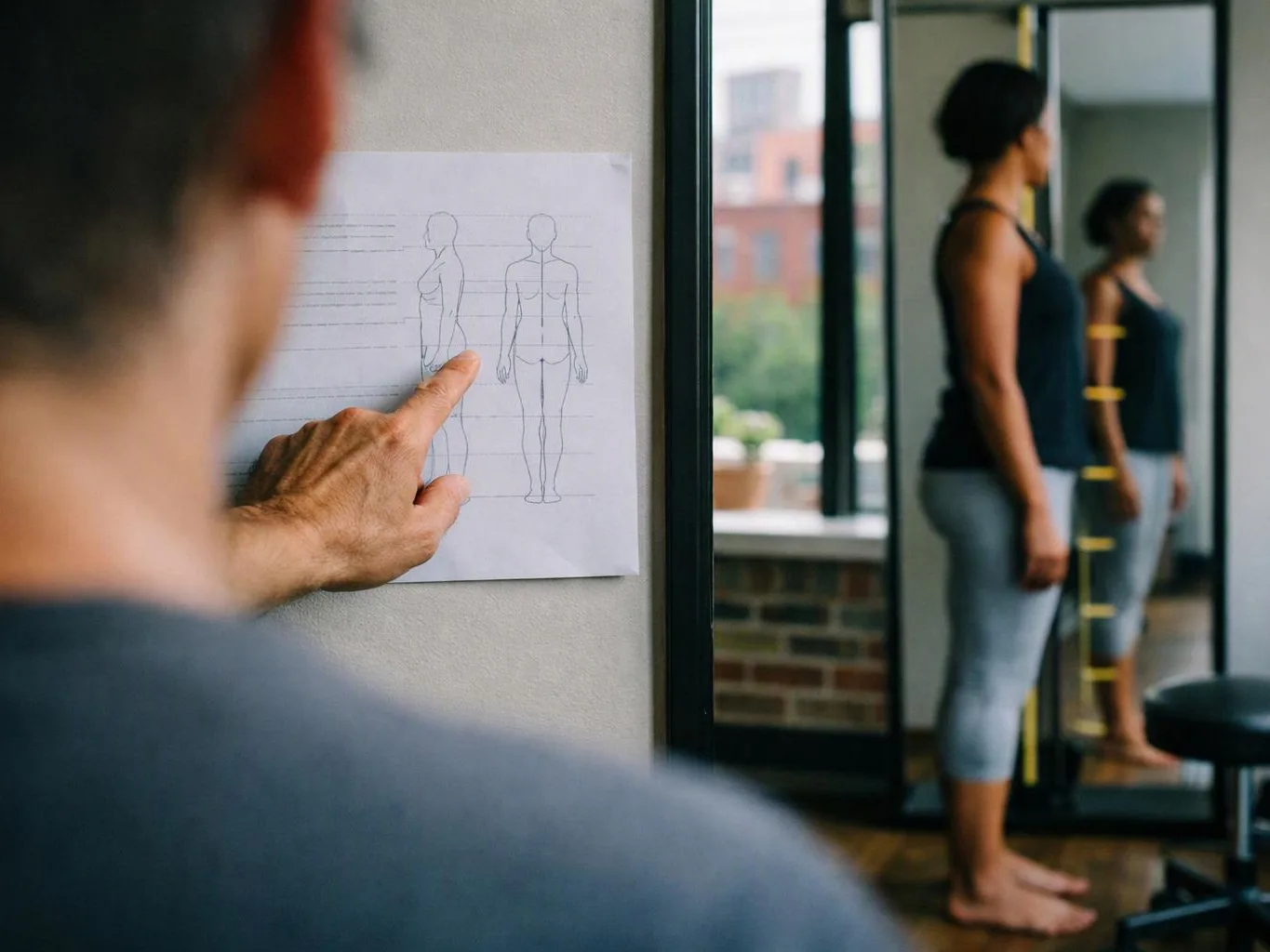 A man points at a body diagram on the wall while a woman stands by a mirror in a studio