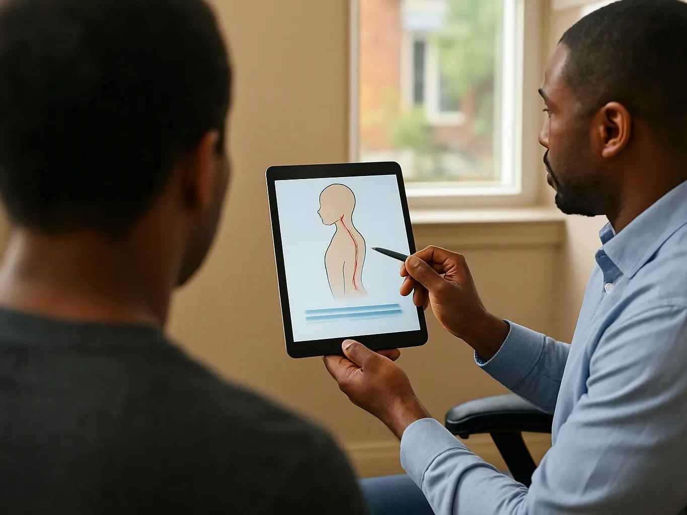 A man points at a tablet showing a spine diagram while another man watches in a bright room
