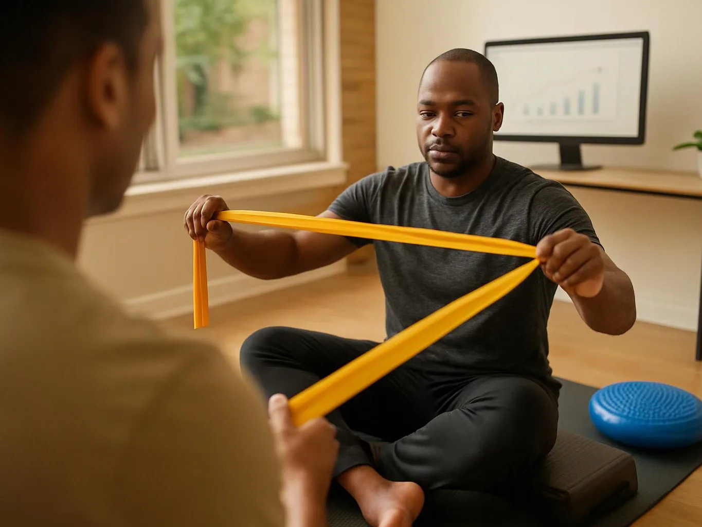 A man sits on a mat, stretching a yellow resistance band with another person in a bright room