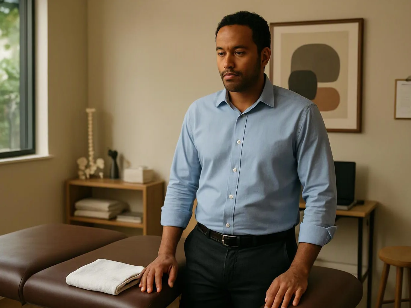 A man stands beside a massage table in a calm treatment room, with a folded towel and window nearby