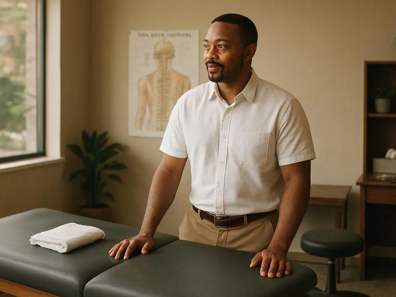 A man stands beside a massage table in a calm treatment room with a folded towel nearby