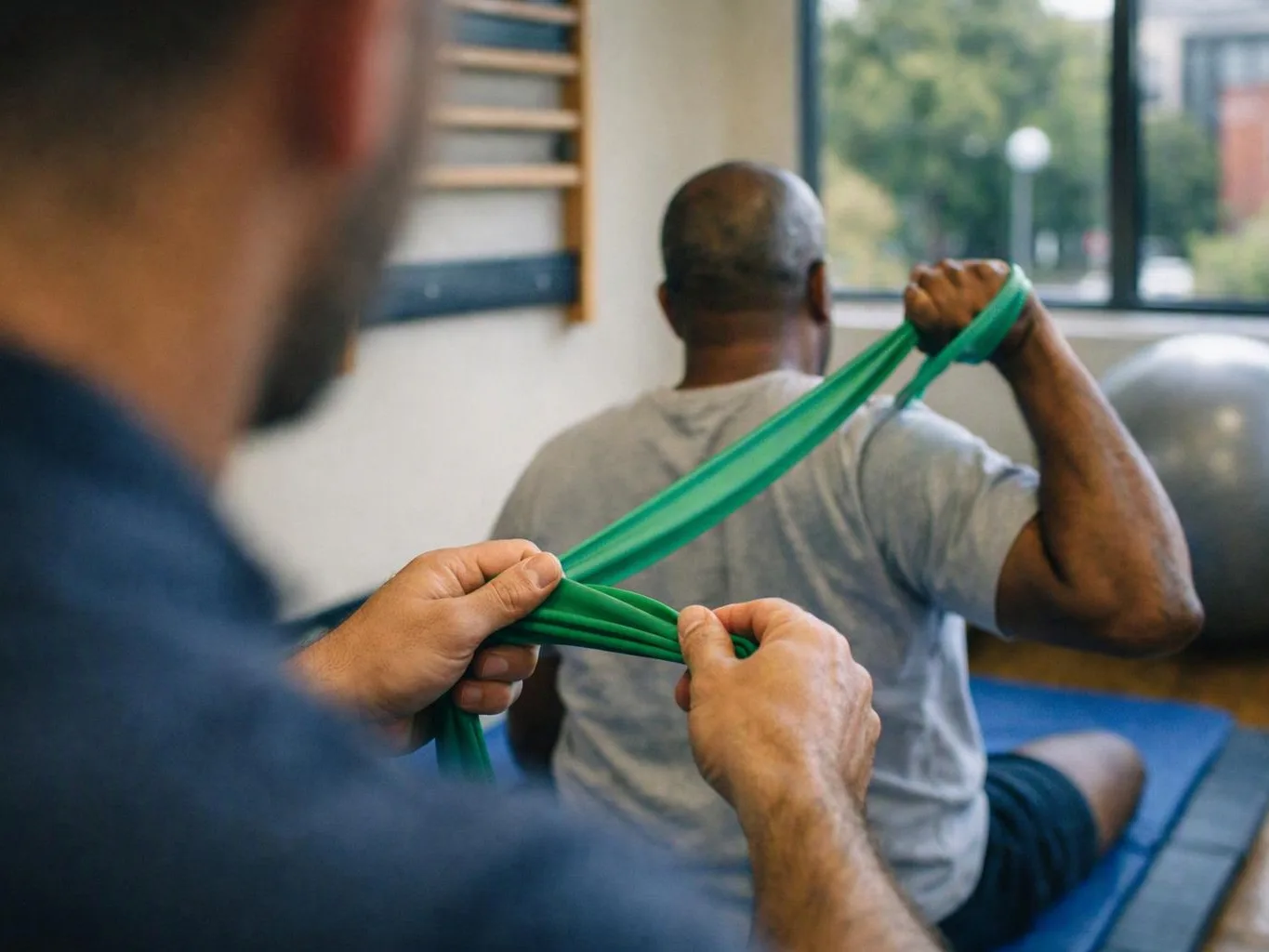 A man stretches a green resistance band while another sits on a mat in a bright gym room