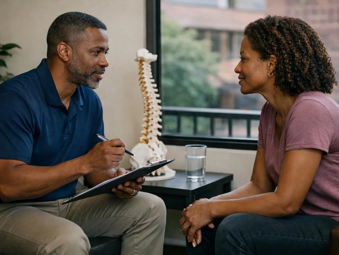 A man talks with a seated woman while holding a clipboard in a bright exam room