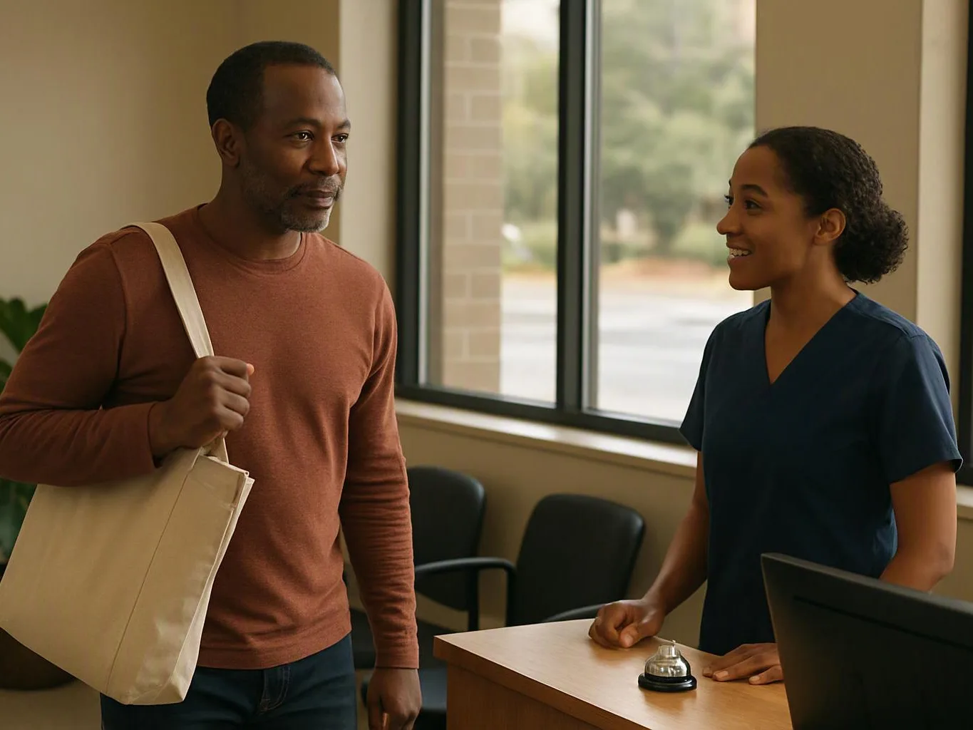 A man with a tote bag talks to a smiling nurse at a clinic reception desk