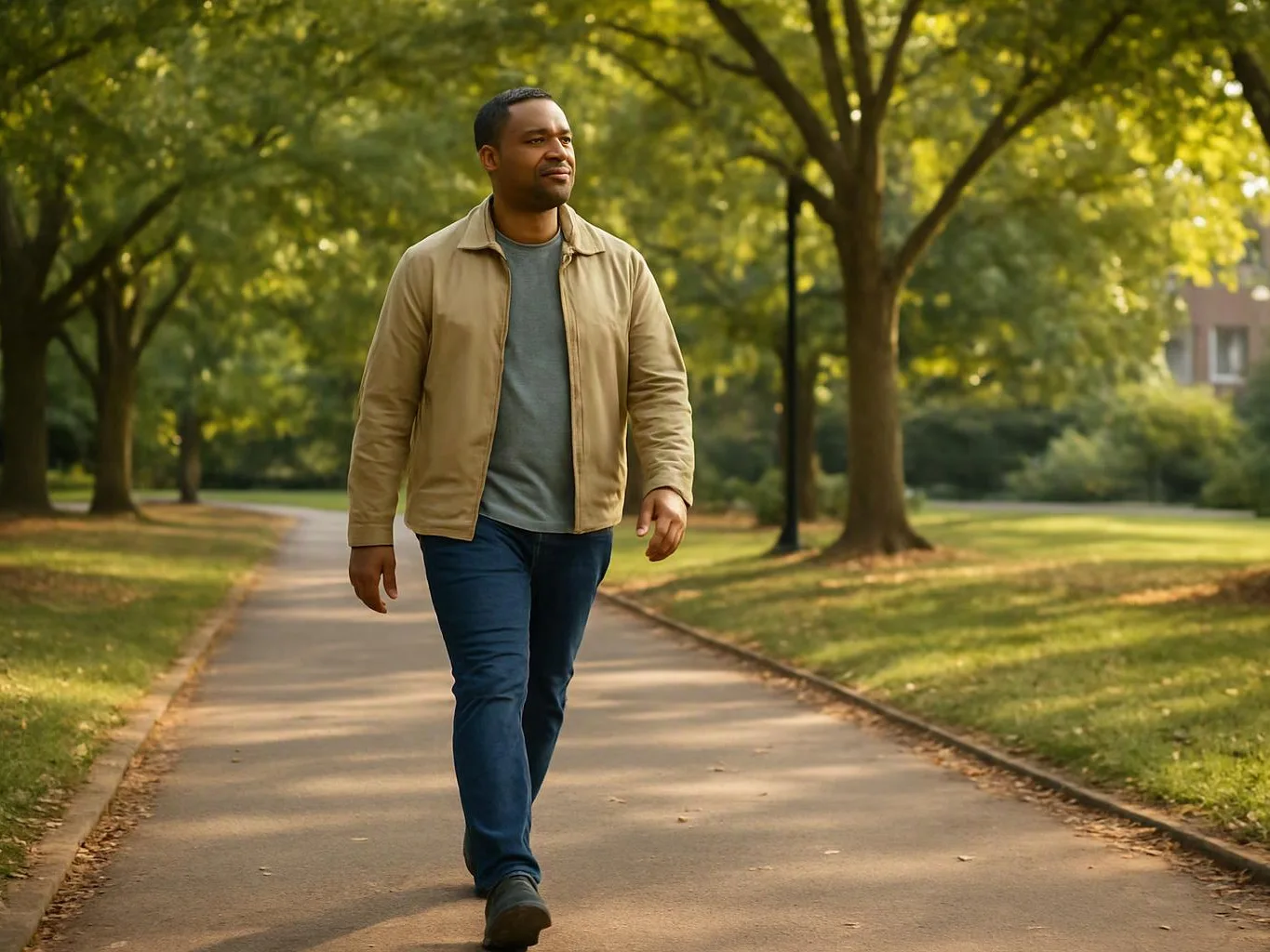 A man walks along a tree-lined park path in warm sunlight
