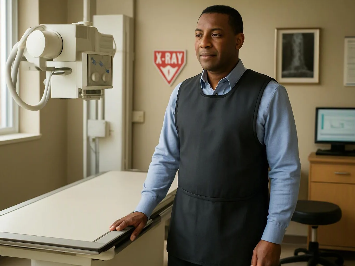 A man wearing a dark protective apron stands beside an X-ray table in a medical imaging room