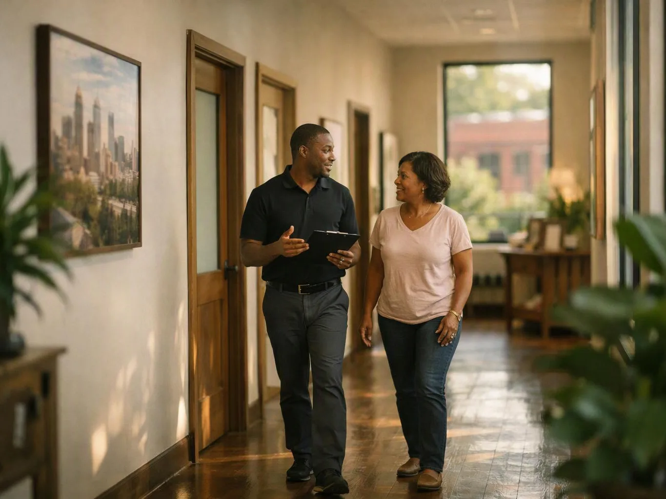 A man and woman walk and talk in a bright hallway, with framed art and open doors along the walls
