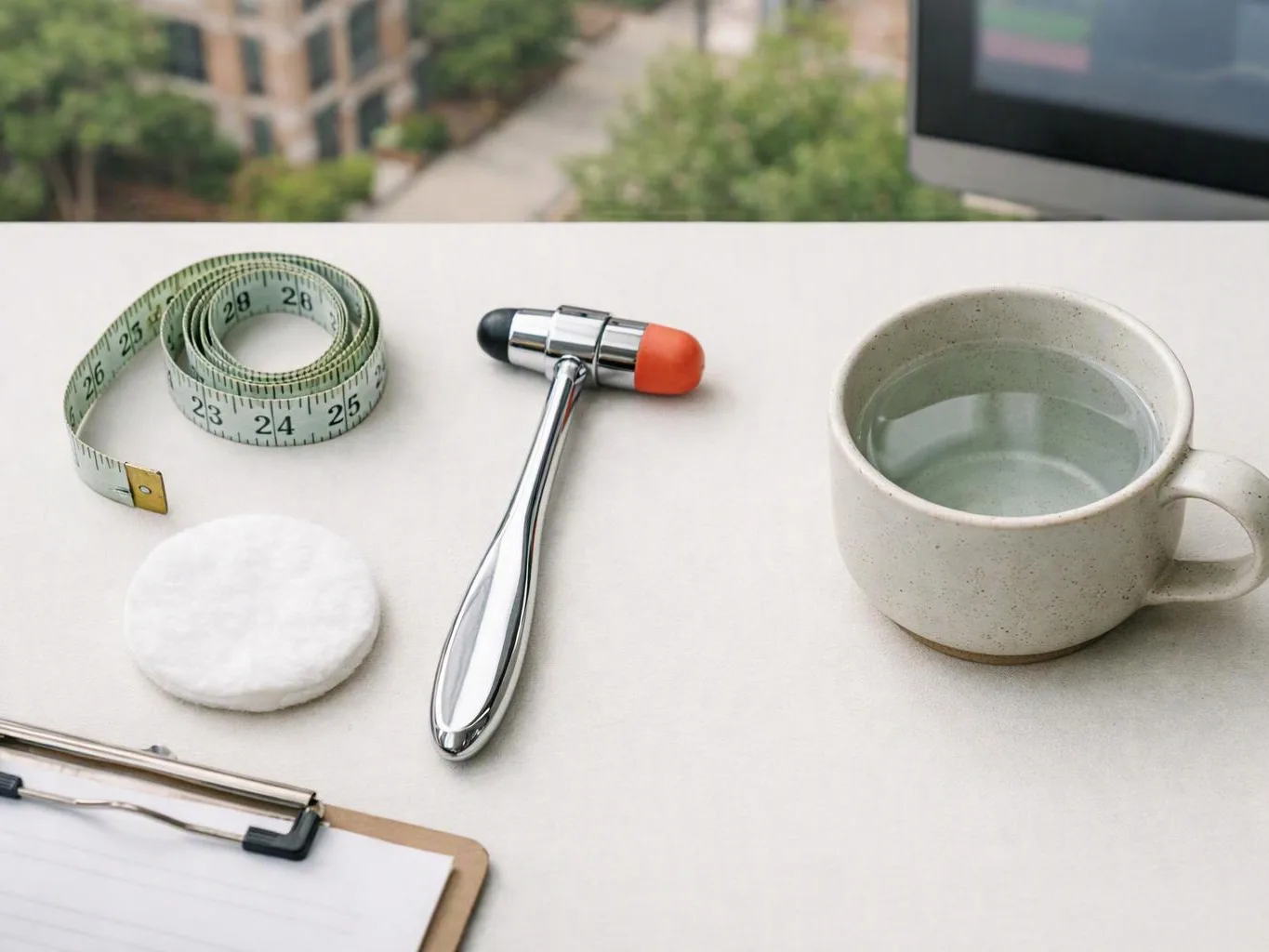 A measuring tape, facial tool, cotton pad, clipboard, and cup of water sit on a white table by a window