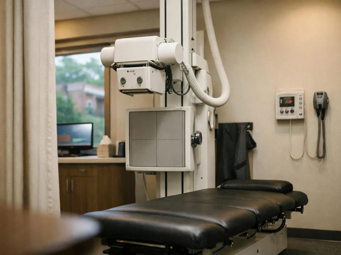 A medical imaging room shows an X-ray machine beside a padded exam table and wall controls