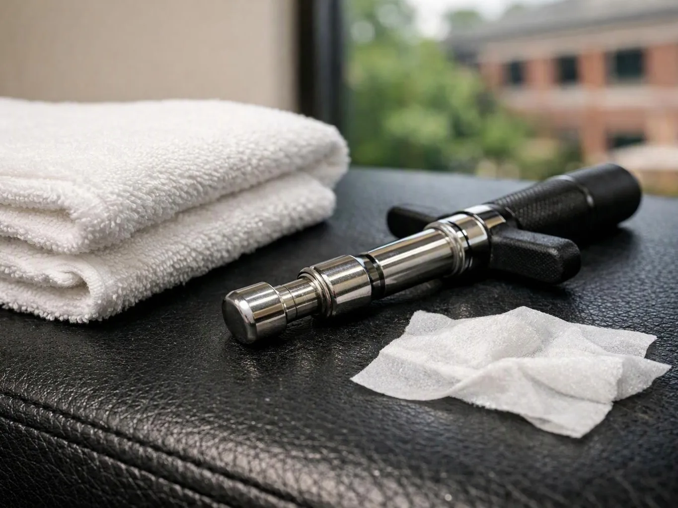 A metal vape device lies beside folded white towels and tissue on a black textured bench by a window