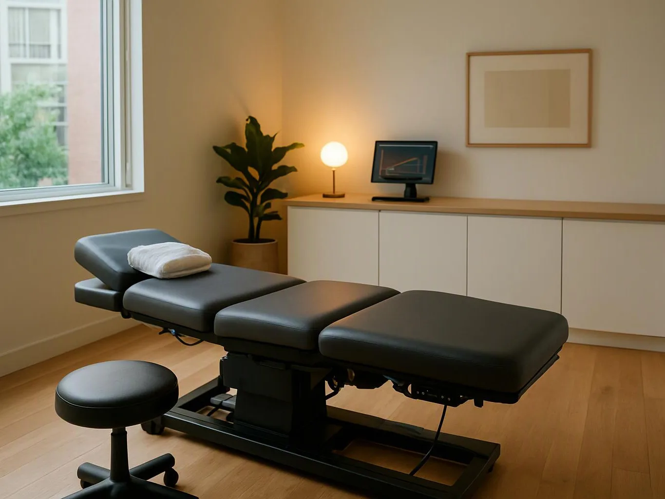A modern treatment room shows a black massage table, stool, lamp, plant, and cabinets by a window