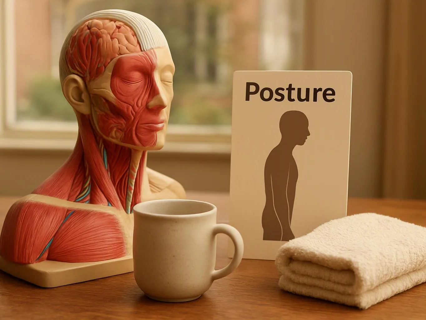 A muscle anatomy model, posture card, mug, and folded towel sit on a wooden table near a window