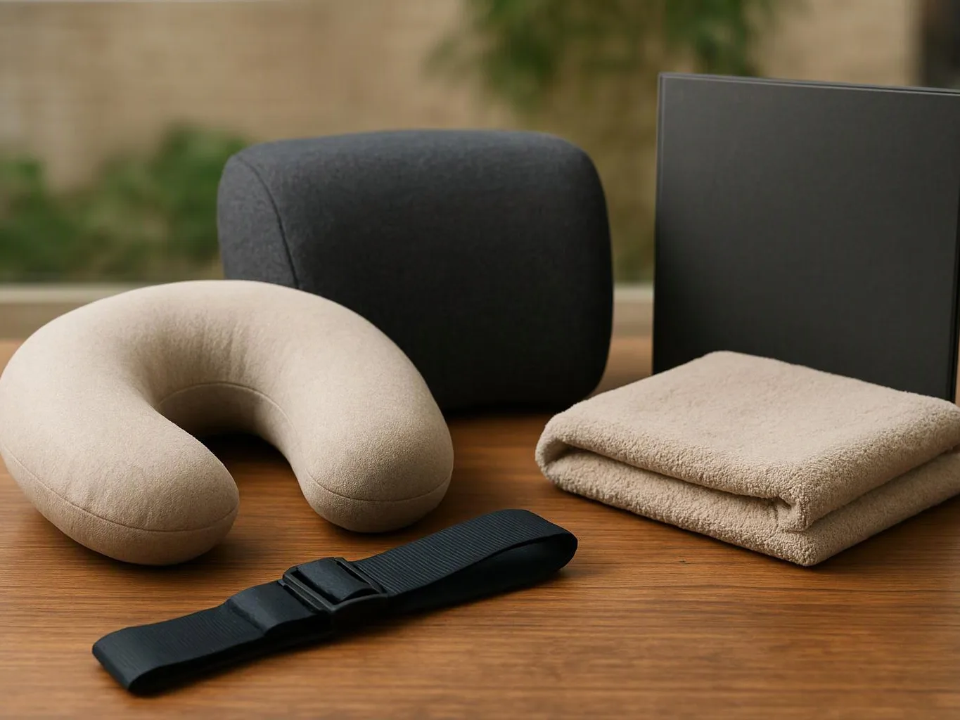 A neck pillow, folded towel, black strap, and dark cushion sit on a wooden table indoors