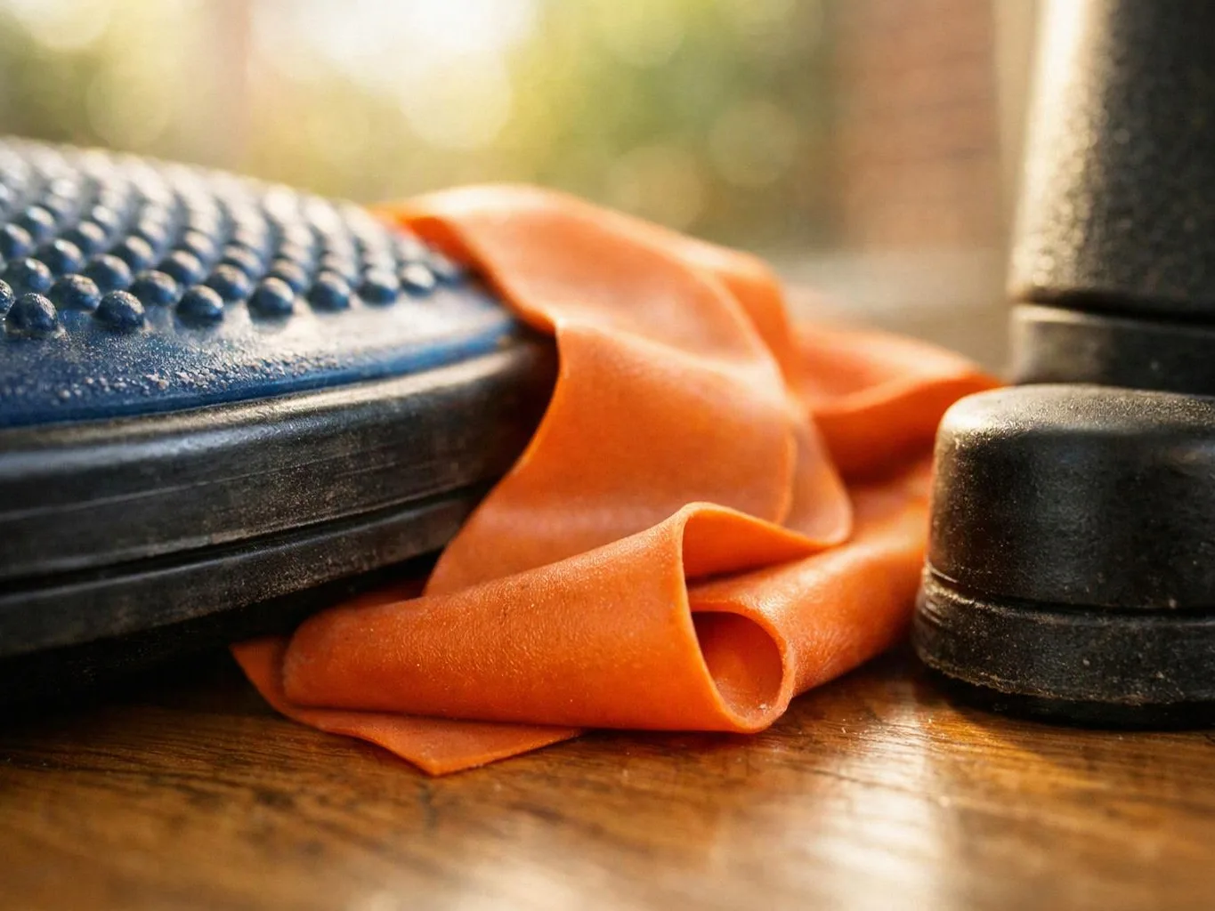An orange resistance band lies beside a textured blue exercise balance trainer and a black dumbbell on a wooden floor