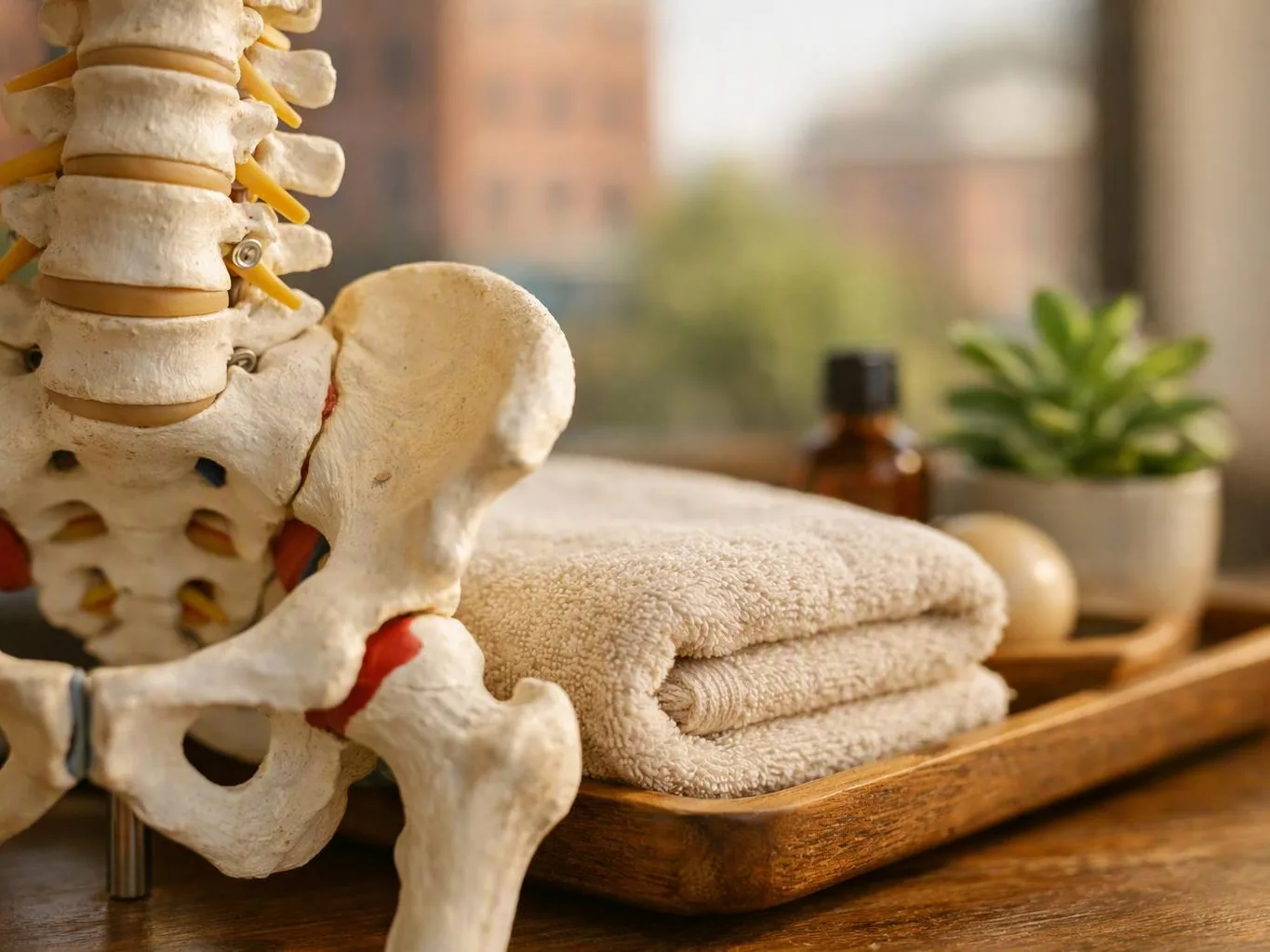 A pelvis skeleton model sits beside folded towels, a small bottle, and a potted plant on a wooden tray by a window