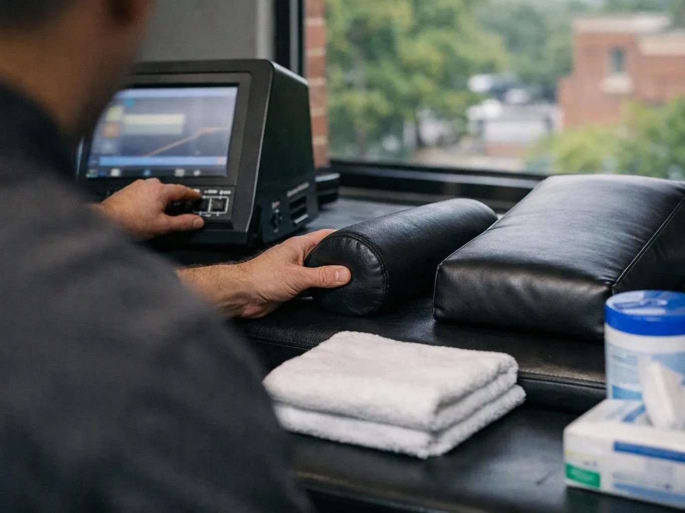 A person adjusts a black massage chair by a window beside folded towels and lotion containers