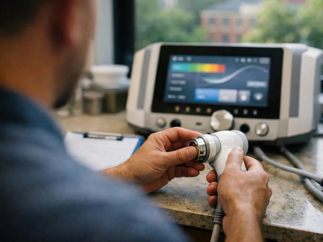 A person adjusts a handheld medical device beside a screen showing controls on a countertop