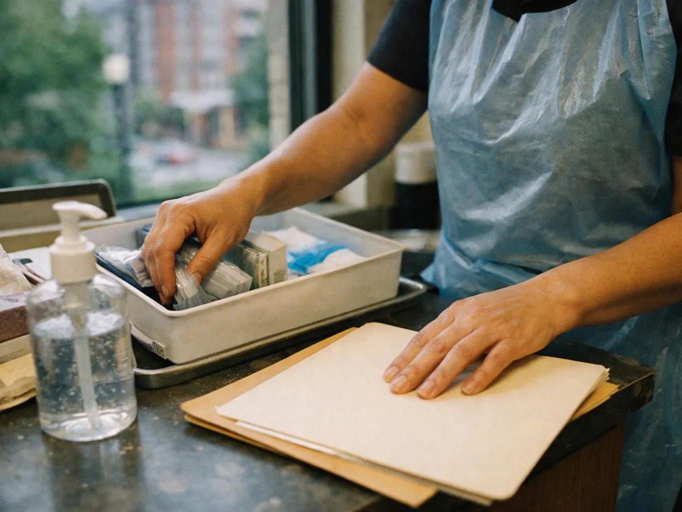 A person in a blue apron sorts small packets in a tray beside a sanitizer bottle and papers on a counter