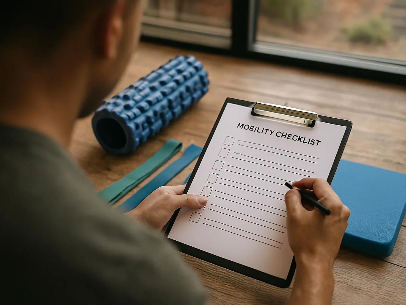 Person filling out a mobility checklist on a clipboard beside foam rollers and exercise bands on a wooden table