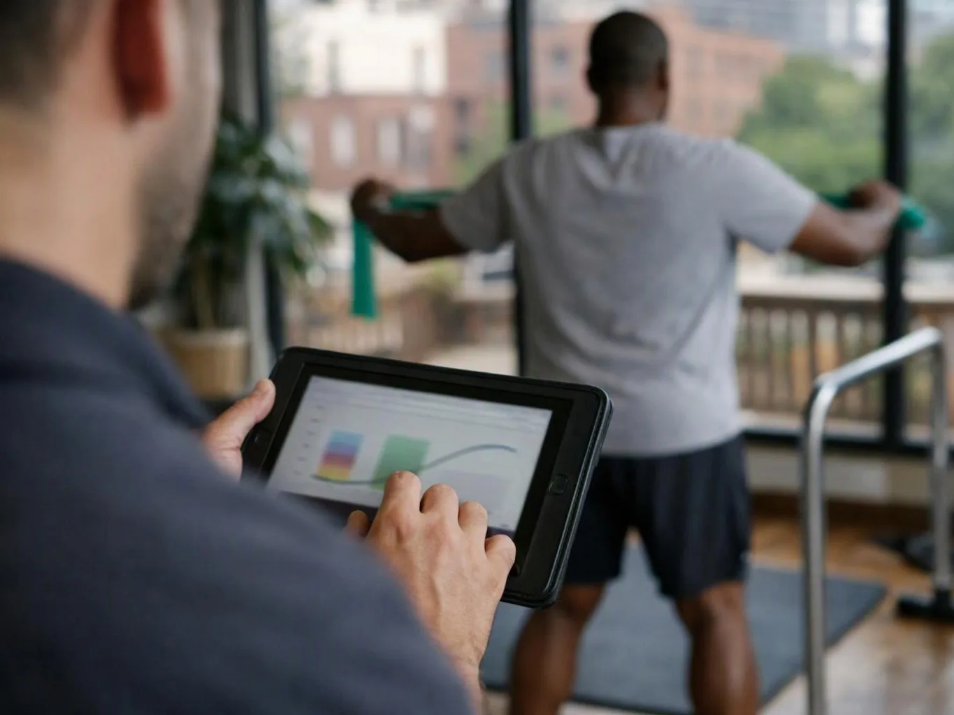 Person in the foreground taps a tablet showing a chart while another man exercises with resistance bands in a gym