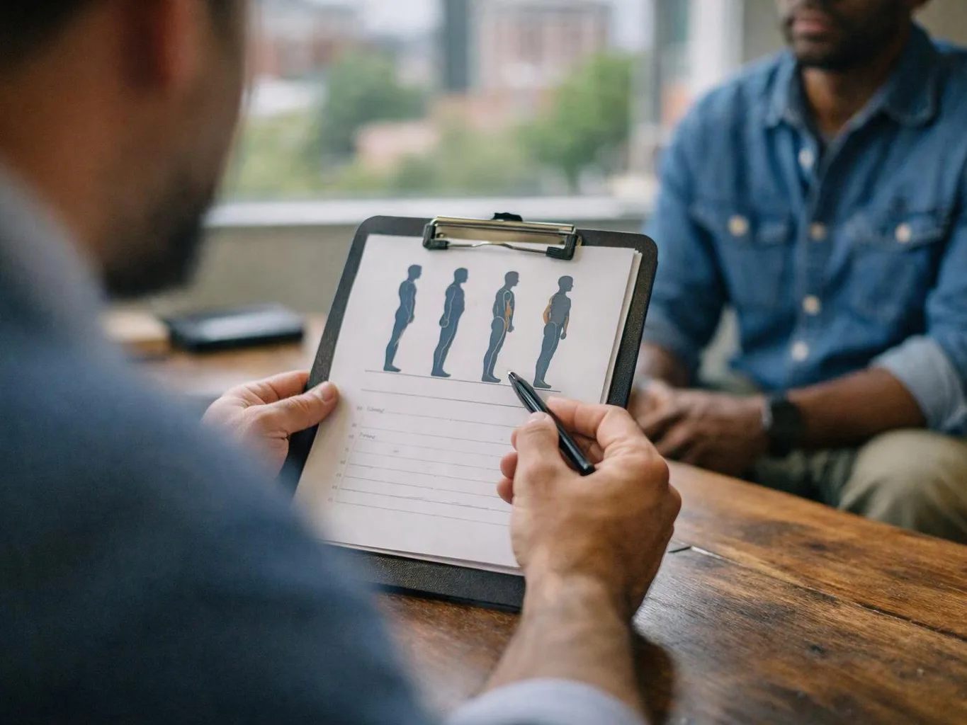 A person points at body posture charts on a clipboard across a table from another seated person