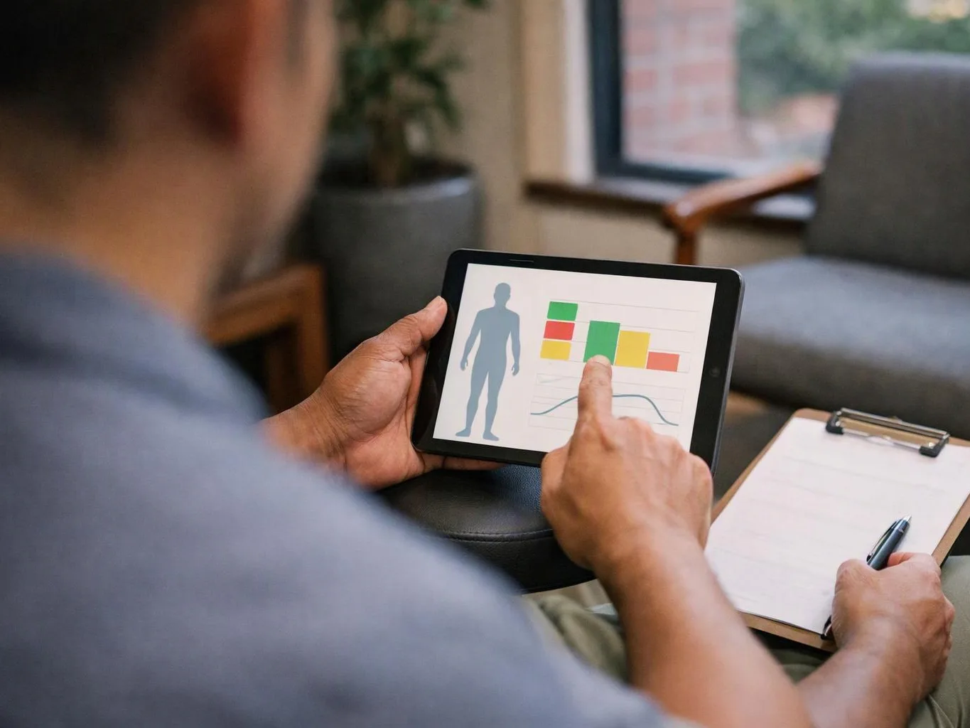 A person points at a tablet showing a human silhouette, colored charts, and a line graph in a waiting room