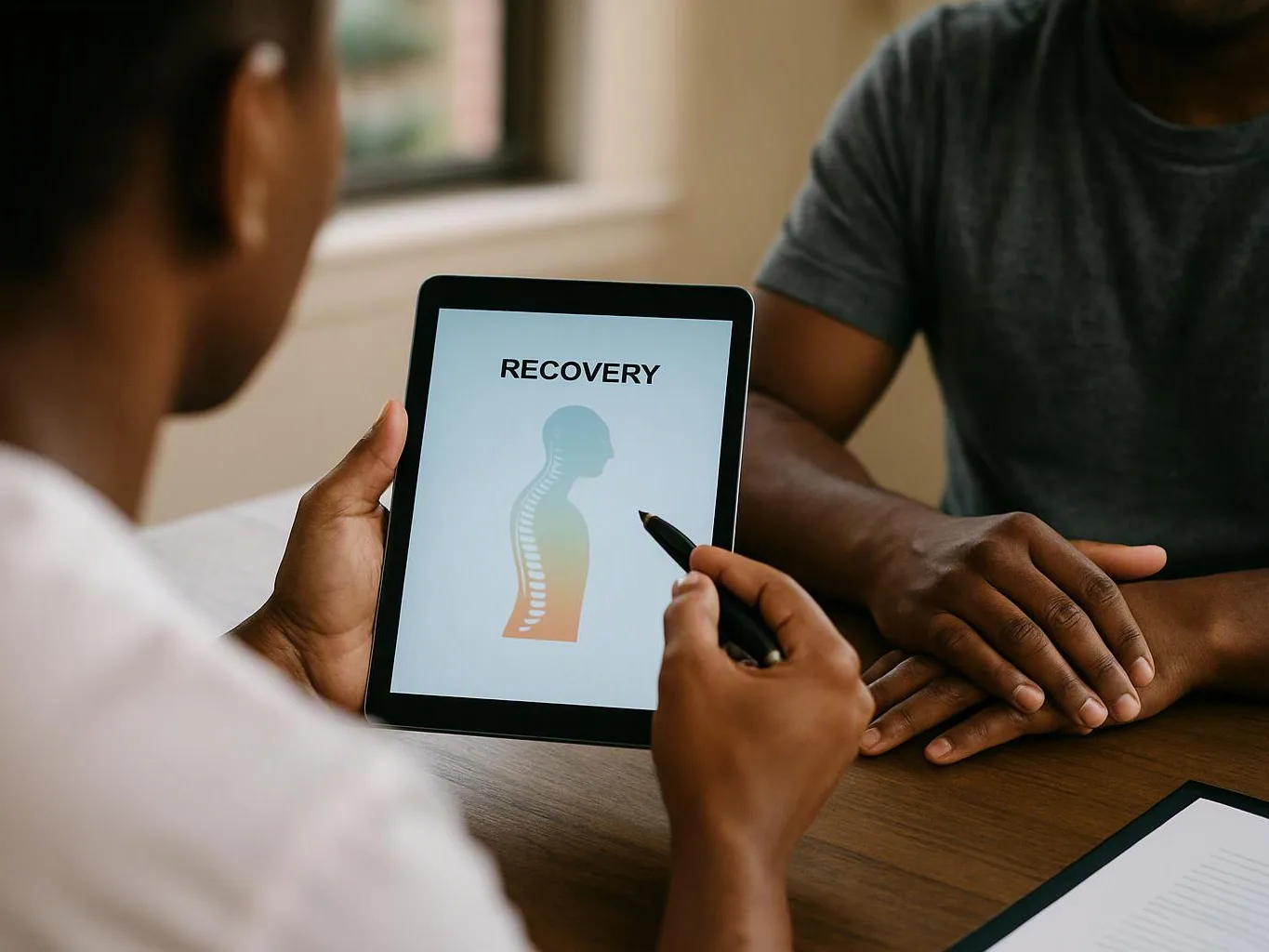 A person points at a tablet showing “RECOVERY” and a spine graphic while talking across a table