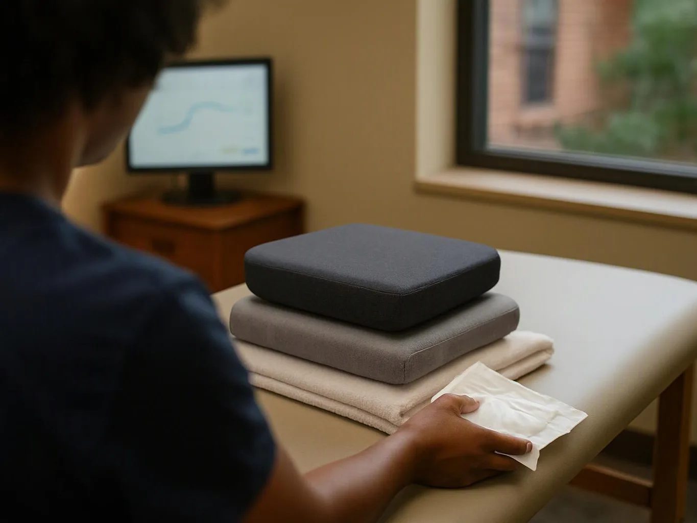 A person sits beside stacked cushions on a treatment table, holding a folded cloth in a quiet room