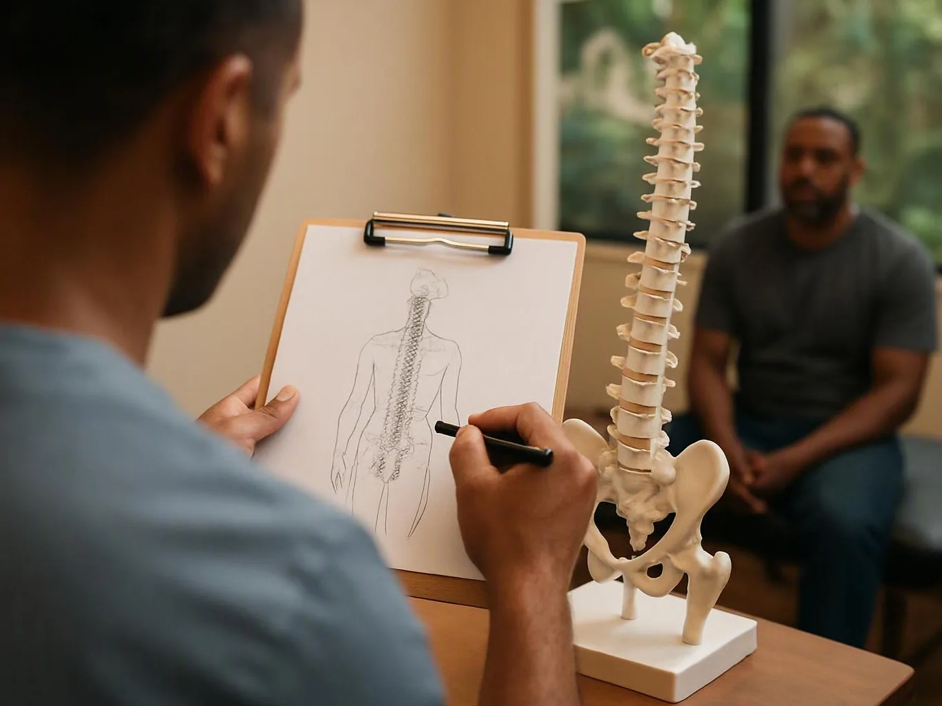A person sketches a spine on a clipboard beside a spine model while another man sits in a room