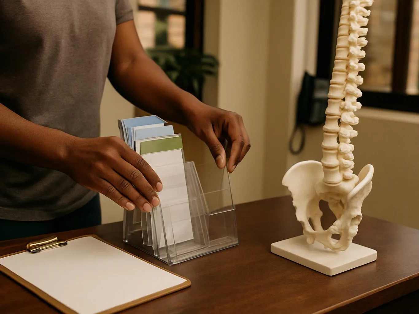 A person sorts cards in a clear holder beside a spine model on a table