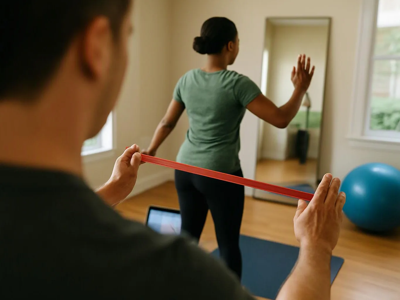 A person stretches a red resistance band while another stands facing a mirror in a bright exercise room