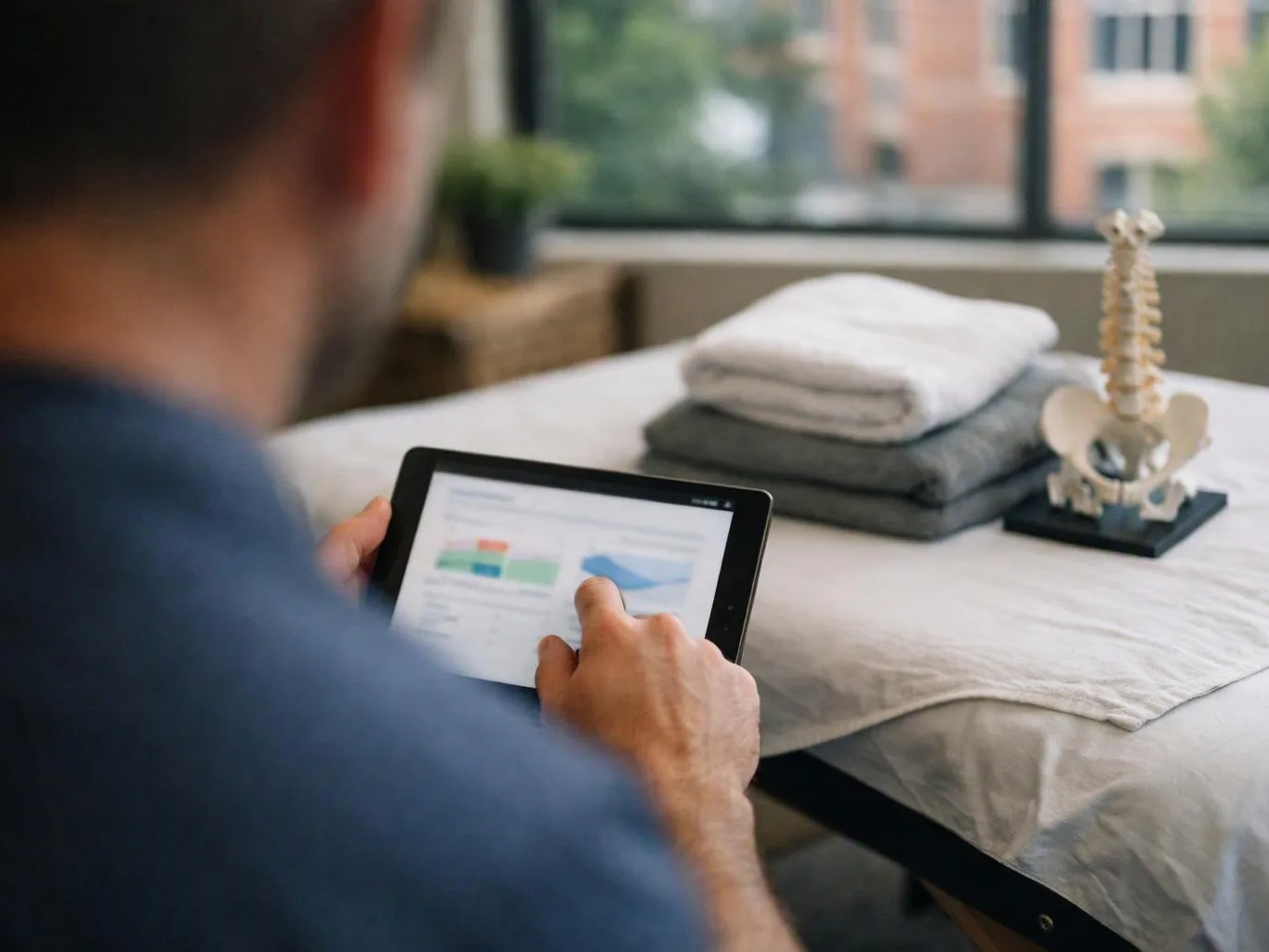 A person taps a tablet beside folded towels and a spine model on a treatment table