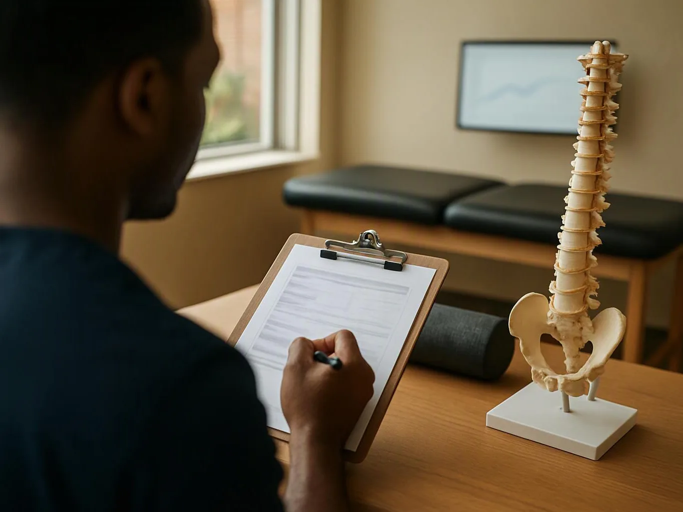A person writes on a clipboard beside a spine model in a small exam room