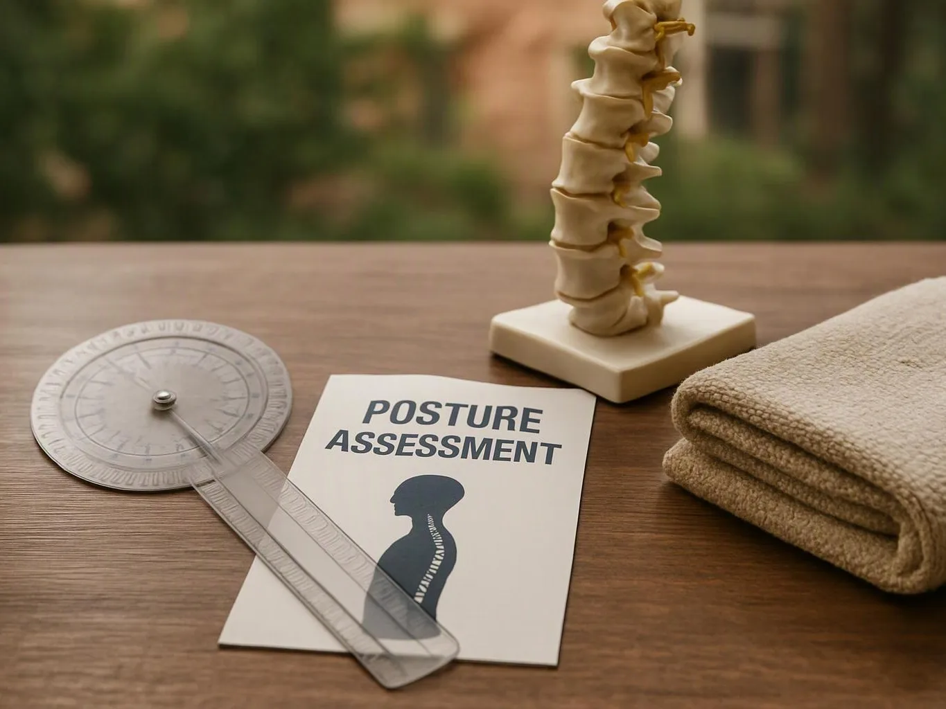 A posture assessment card sits on a table beside a spinal model, angle tool, and folded towel
