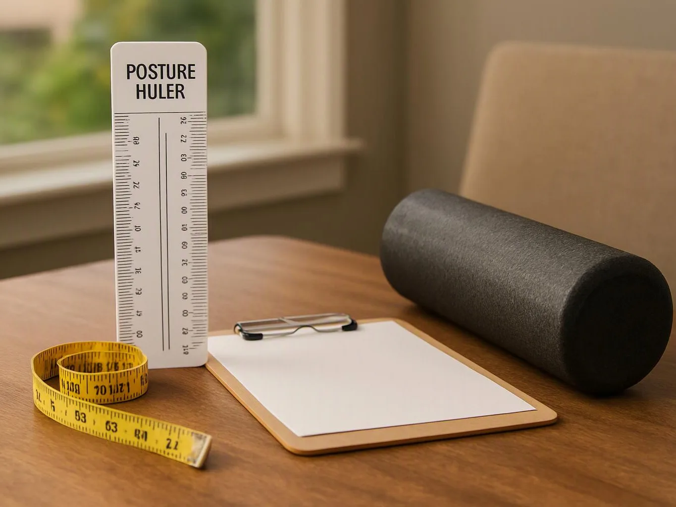 A posture ruler, measuring tape, clipboard, and foam roller sit on a wooden table near a window