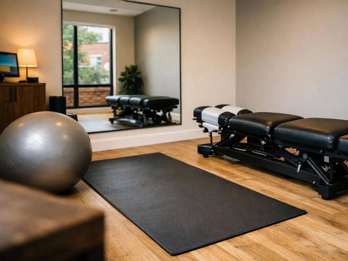 A quiet therapy room holds a padded treatment table, yoga mat, exercise ball, and wall mirror