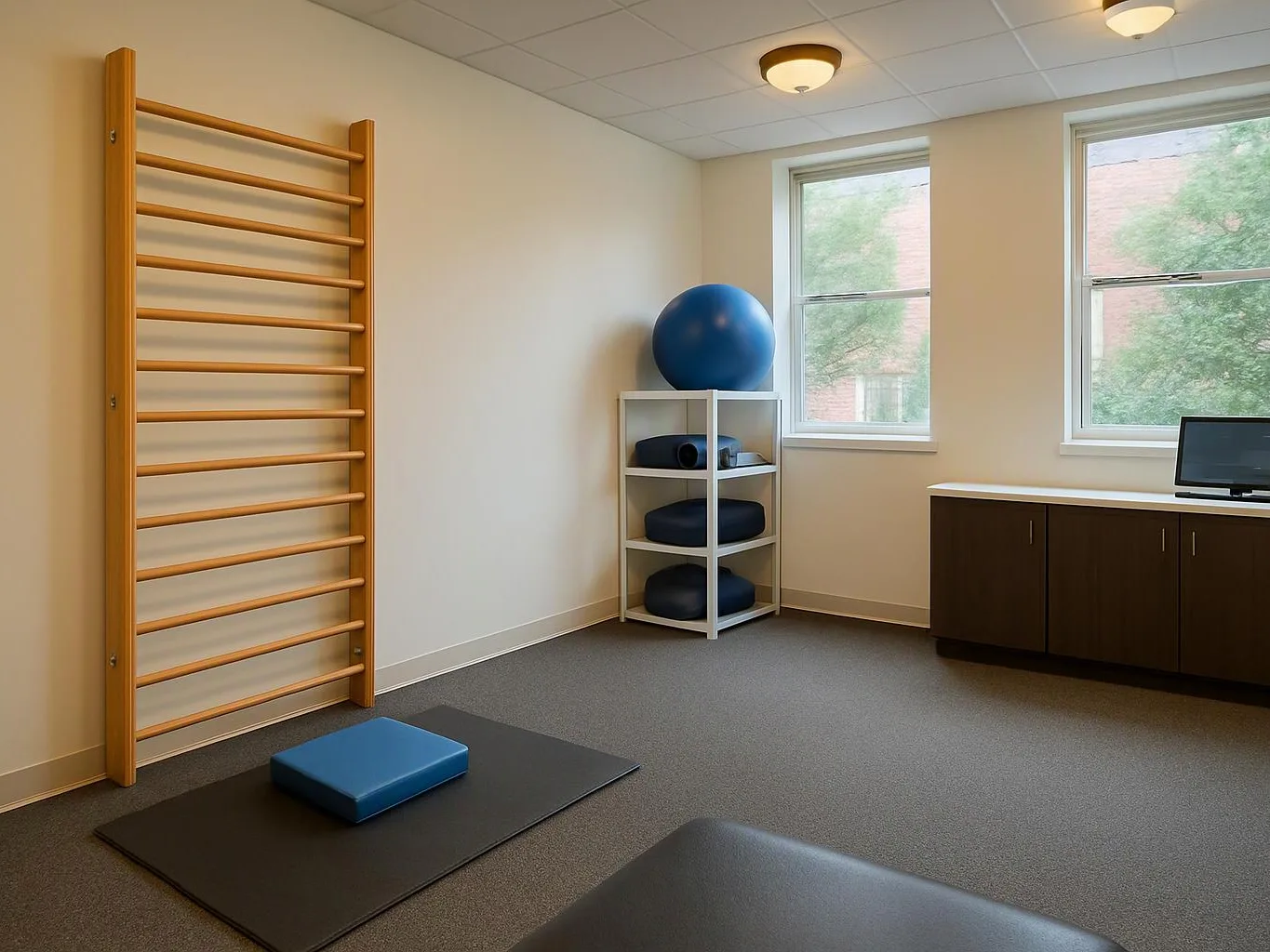 A quiet therapy room shows exercise mats, wall bars, a blue stability ball, and cabinets by bright windows