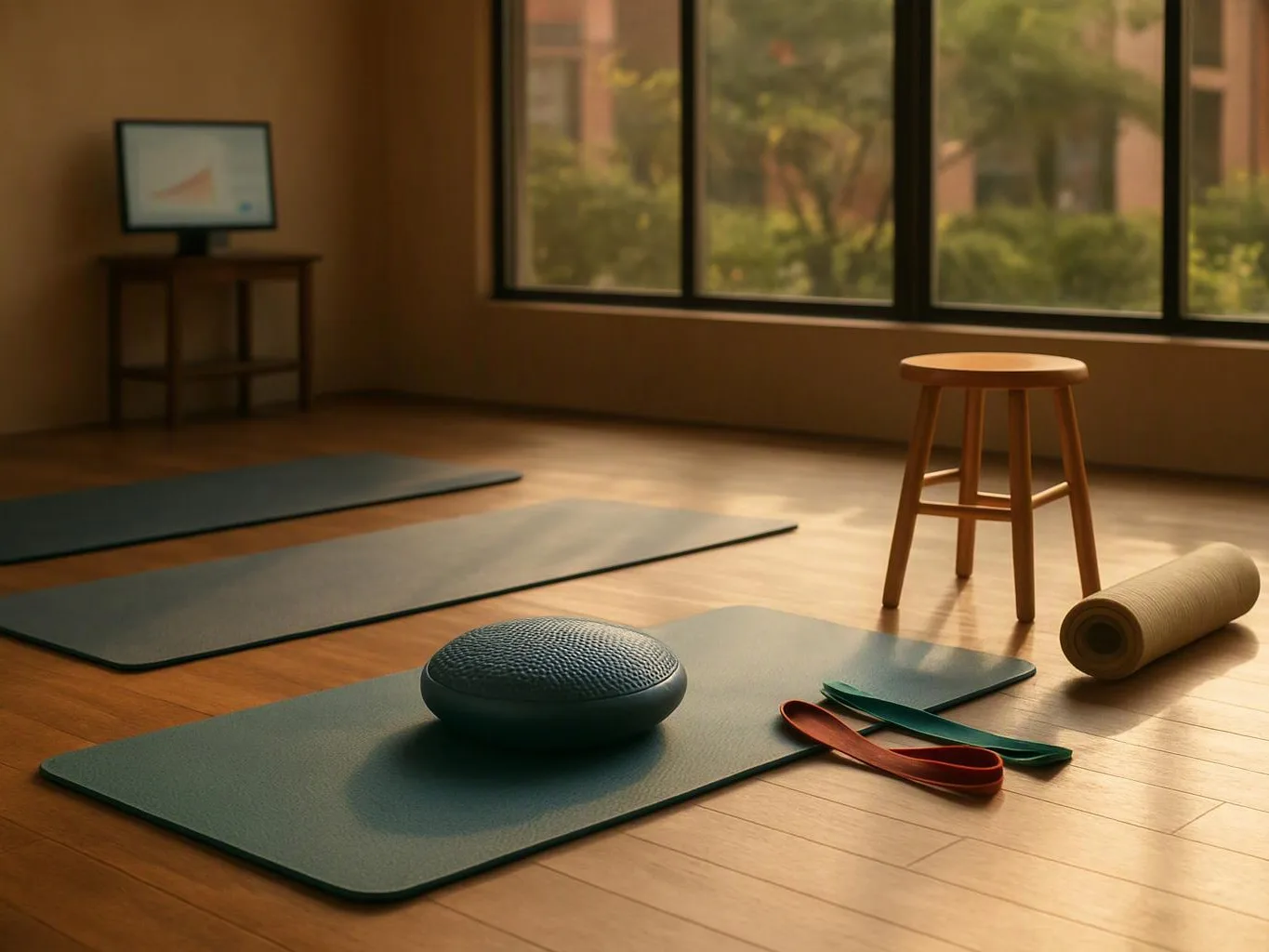 A quiet yoga room holds mats, a cushion, straps, a stool, and a rolled mat beside bright windows