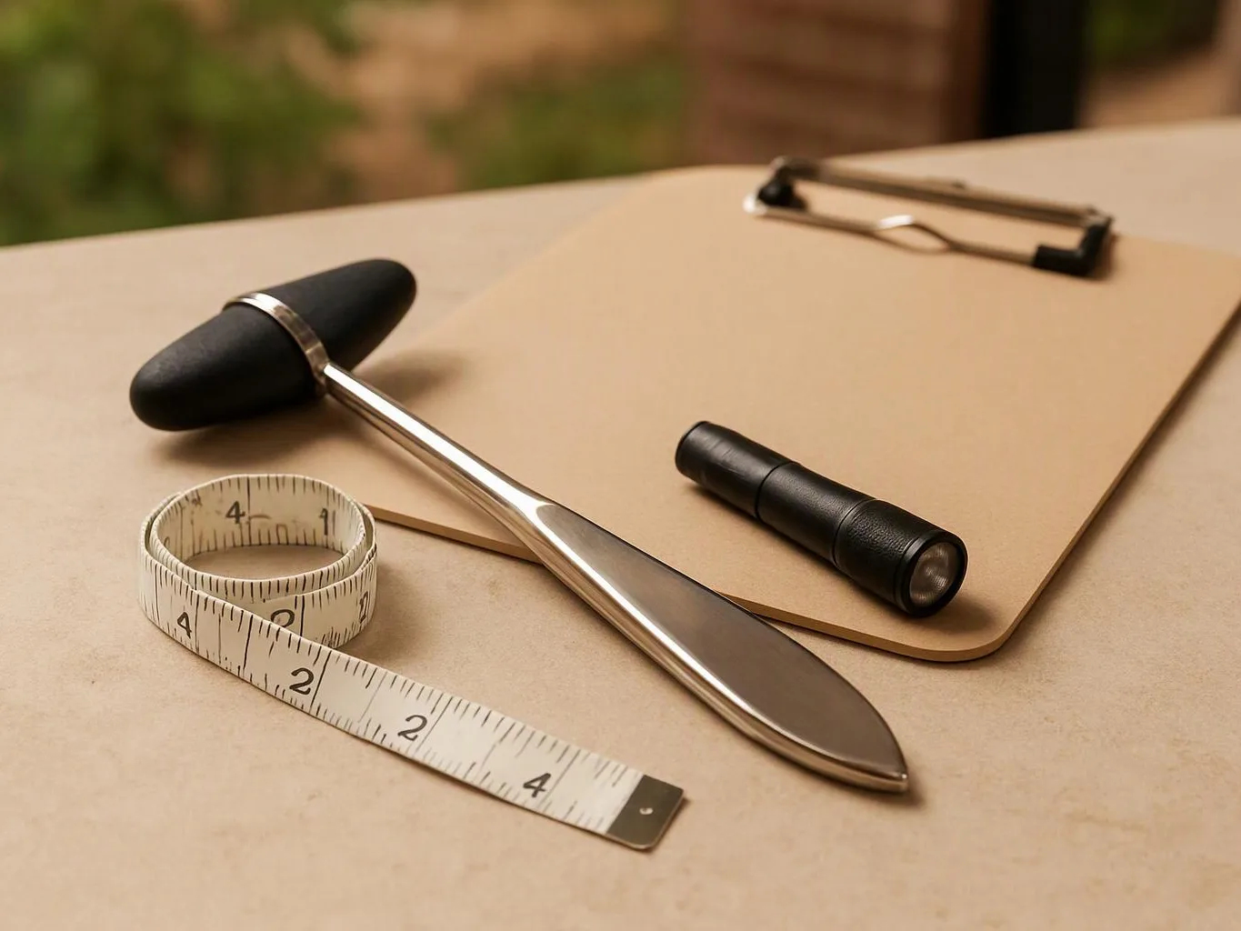 A reflex hammer, measuring tape, flashlight, and clipboard rest on a beige table outdoors